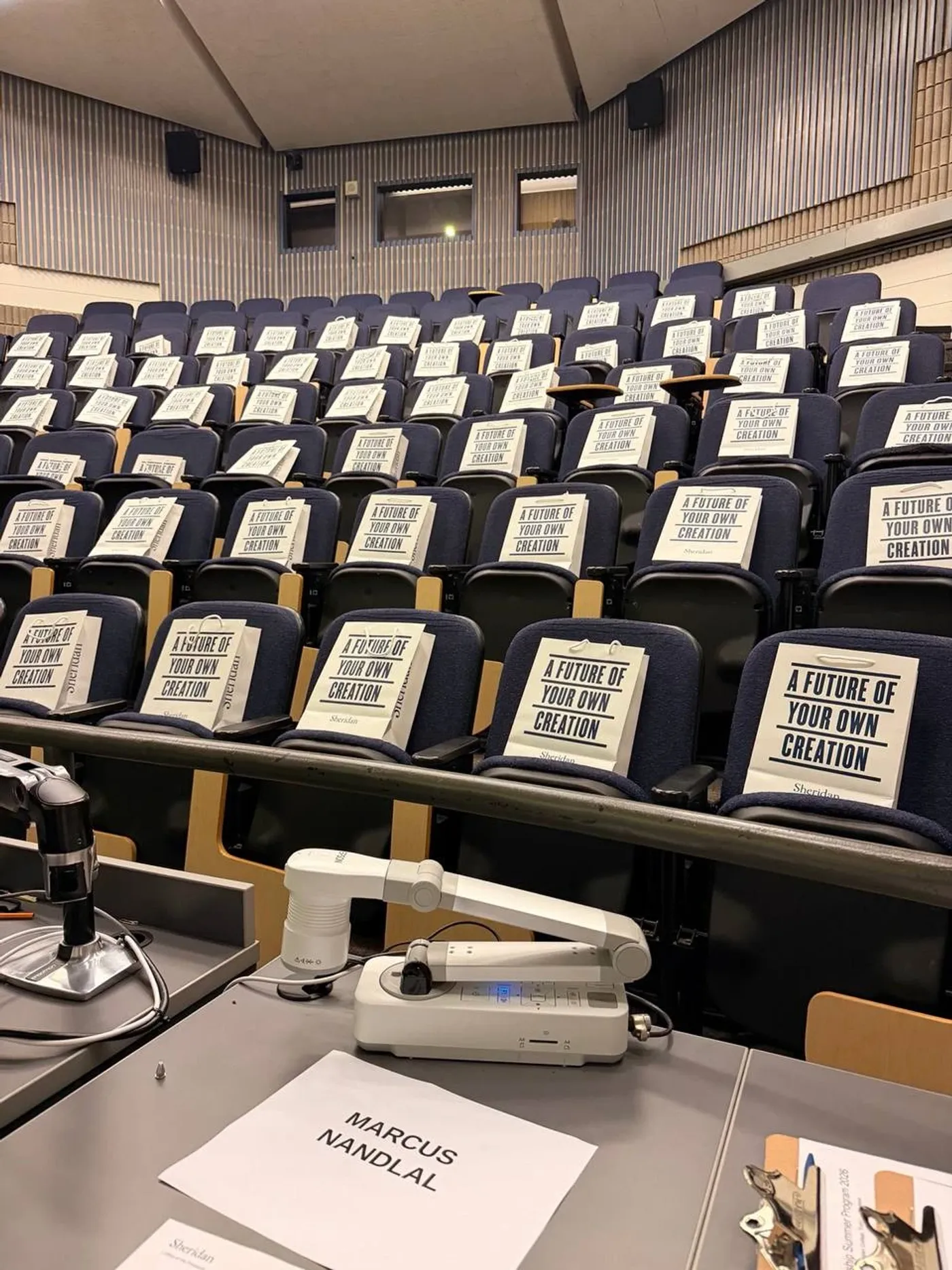 Lecture hall at Sheridan College set up for a talk by Marcus Nandlal
